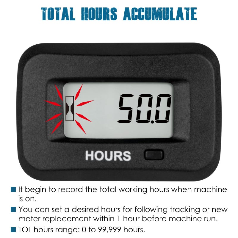 Runleader Digital LCD Hour Meter,AC/DC 5V to 277V for Lawn Mower Generator Motorcycle Golf Cart Forklift Scrubber Machine etc. - Image 2